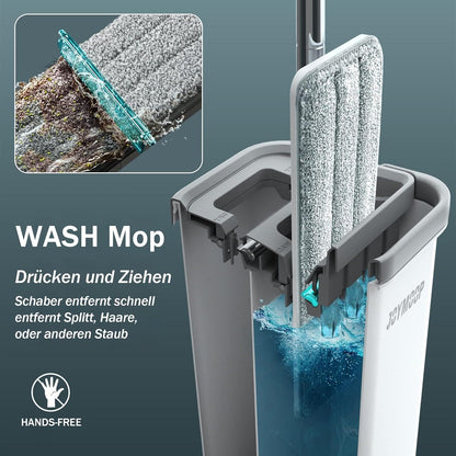 👉 Flachmopp mit Eimer & Auswringer – Bodenwischsystem mit 3 waschbaren Mikrofaser-Pads, für Nass- & Trockenreinigung, Freihändig & Hygienisch