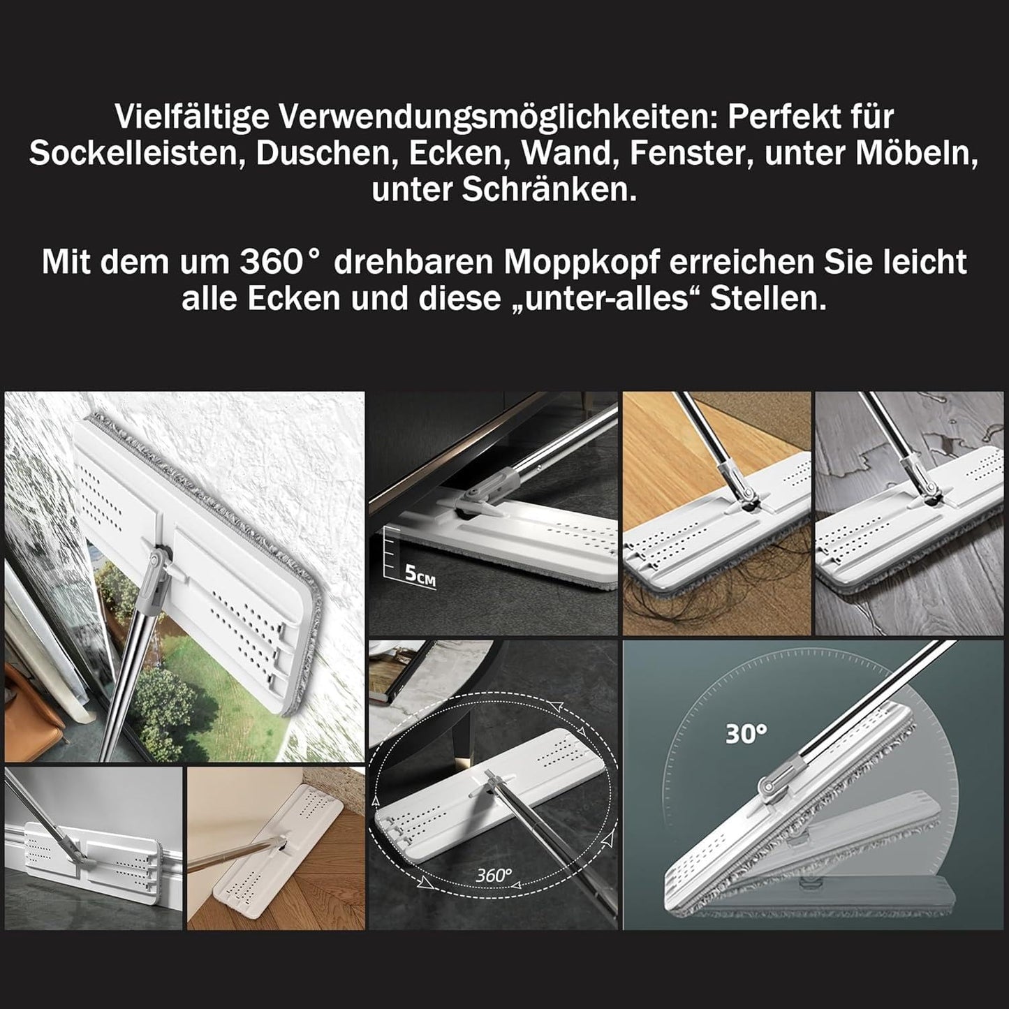 👉 Flachmopp mit Eimer & Auswringer – Bodenwischsystem mit 3 waschbaren Mikrofaser-Pads, für Nass- & Trockenreinigung, Freihändig & Hygienisch
