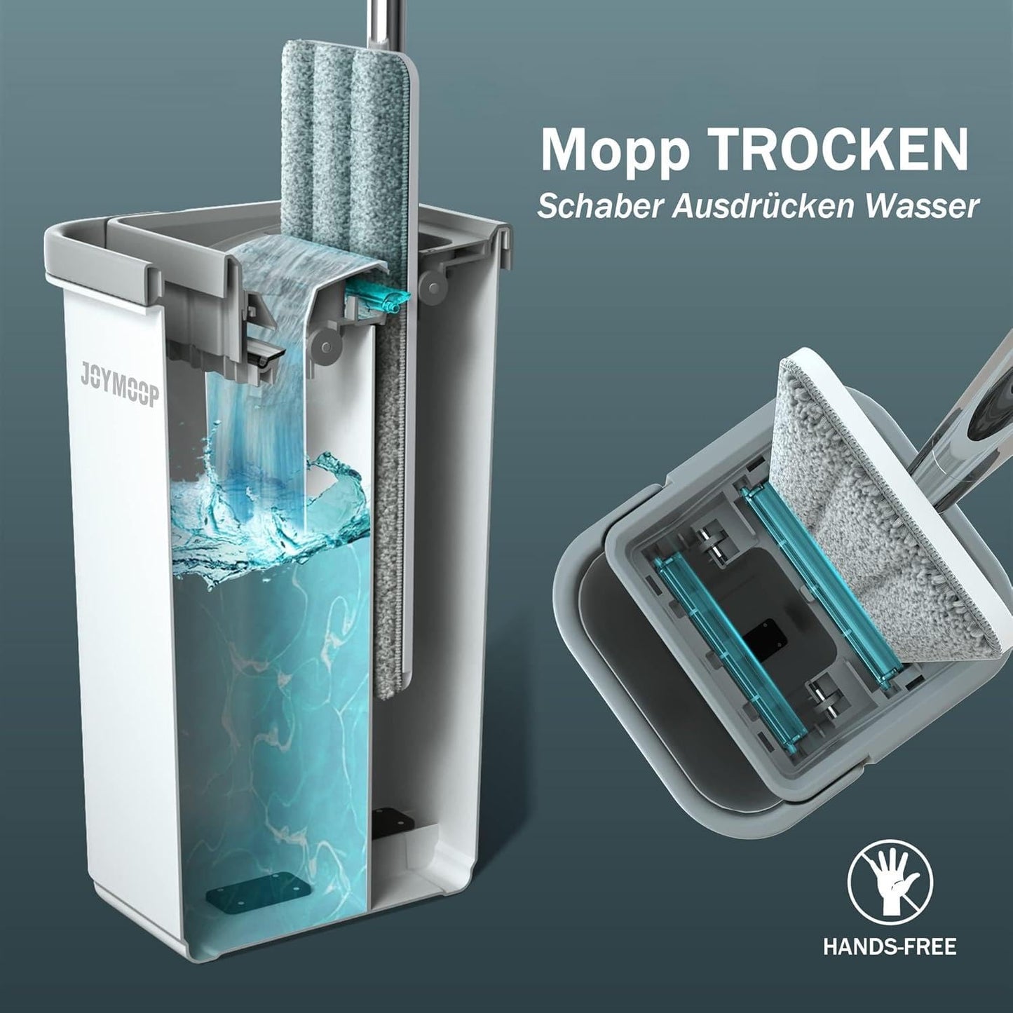 👉 Flachmopp mit Eimer & Auswringer – Bodenwischsystem mit 3 waschbaren Mikrofaser-Pads, für Nass- & Trockenreinigung, Freihändig & Hygienisch
